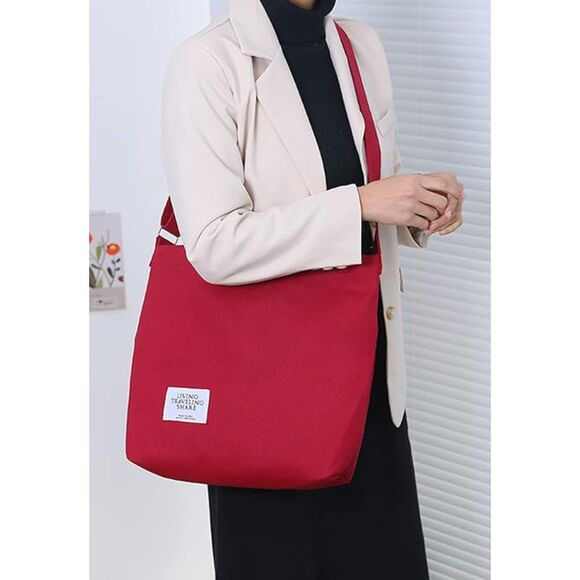 Women's Dark Red Imported Canvas Retro Large Size Shoulder Crossbody Tote Bag - Picture 4 of 4